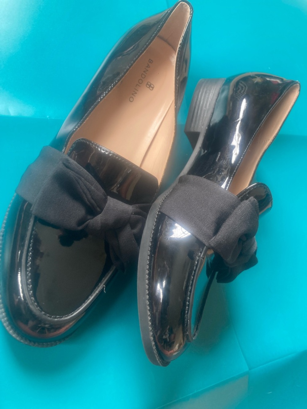Bandolino Black Patent Loafers with Fabric Bow Accent
